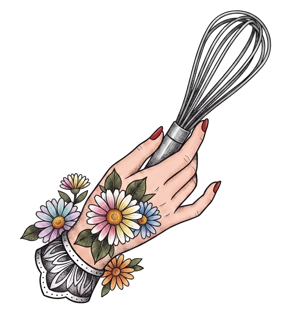 A hand whisking batter, tattoo-flash style